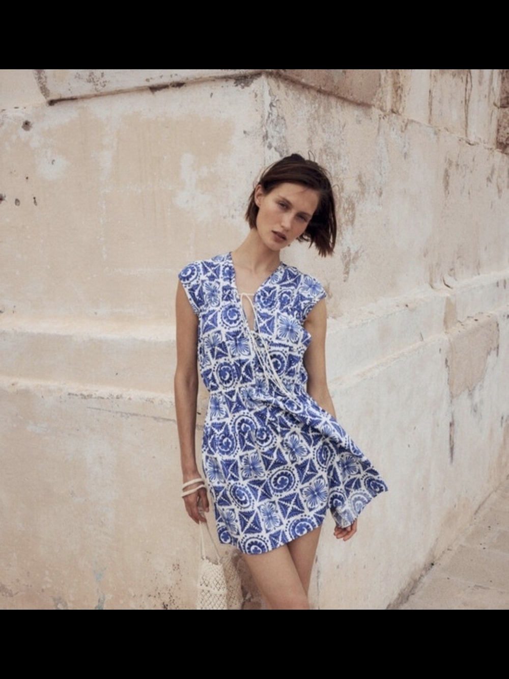 H&M Blue Printed Cap-Sleeve Mini Dress